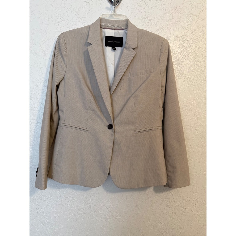 Banana Republic Women 4P Neutral Mini Stripe Single Button Blazer Jacket 4 Petit
